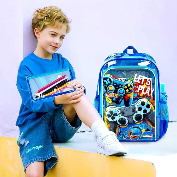 KLFVB 3PCS Clear Backpack for Girls and Boys, Kids See Through Backpacks Stadium Approved, Transparent Bookbag for Elementary