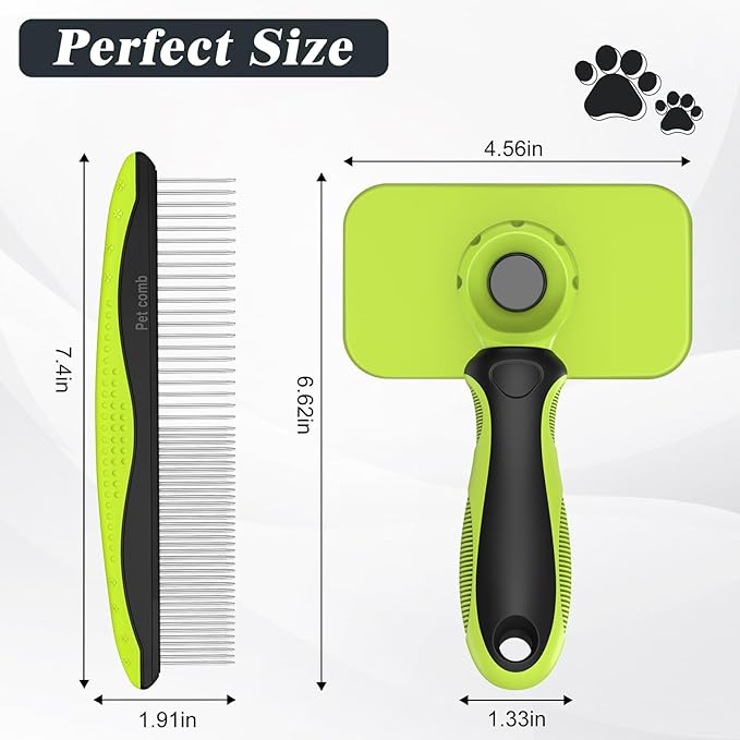 2PCS Self Cleaning Slicker Brush & Dog Comb - Skin Friendly Deshedding Grooming Tool for Dogs, Cats and Small Animals, Professional Deshedding Dematting Tool for Long and Short Haired Pets (Green)