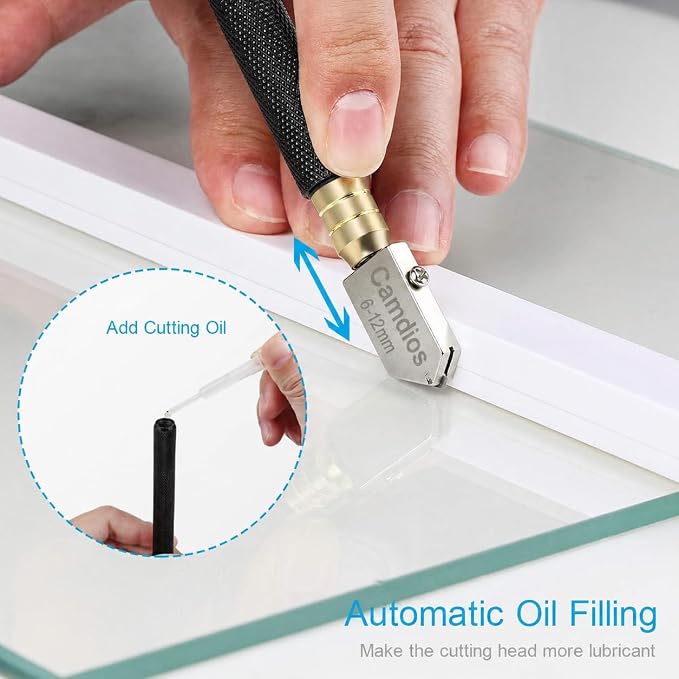 Glass Cutter 2mm-20mm, Upgrade Glass Cutter Tool, Pencil Style Oil Feed Carbide Tip for Glass Cutting/Tiles/Mirror/Mosaic. | 3 Cutting Ranges, Carbide Wheels, Automatic Oil Feed, Pencil Grip, Storage Case, Glass Cutter for Mirrors & Stained Glass