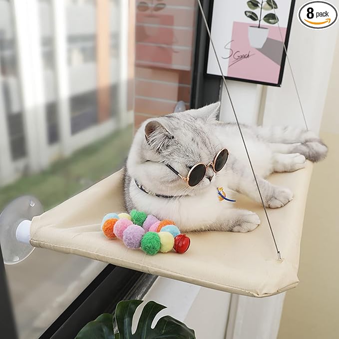 Cat Window Hammock Perch Cat Safety Sunny Bed with Durable Heavy Duty Suction Cups Resting Sunny Window Seat for Indoor Cats Sleeping Space Saving Mounted Bed (Khaki)
