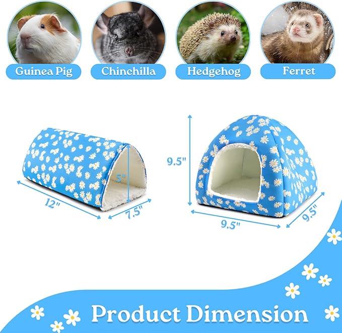Guinea Pig House and Tunnel Set - 2 Pack Washable Guinea Pig Hideout Bed, Plush Small Animal Hide and Toy with Non-Slip Bottom for Ferret Dwarf Bunny