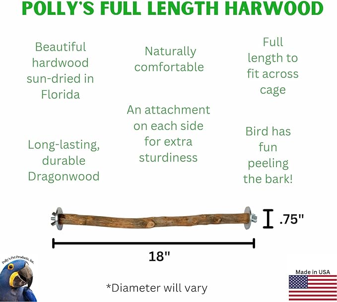 Polly's Full Length Hardwood Bird Perch, 18-Inch