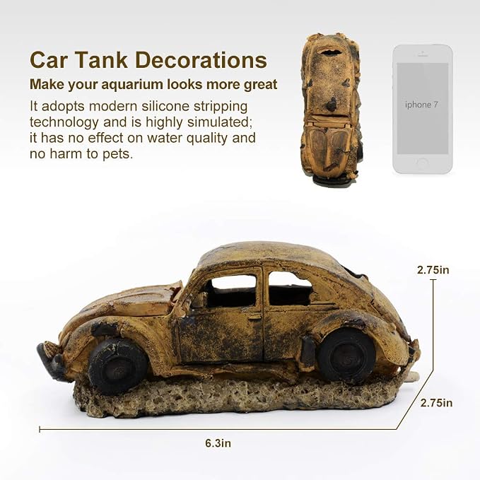 Aquarium Resin Ornament Decor, Imitation Car Wreck with Air Stone | Unique sunken car decoration for fish tank, Works with air pump to create bubble effect. Safe resin,non-toxic for fish
