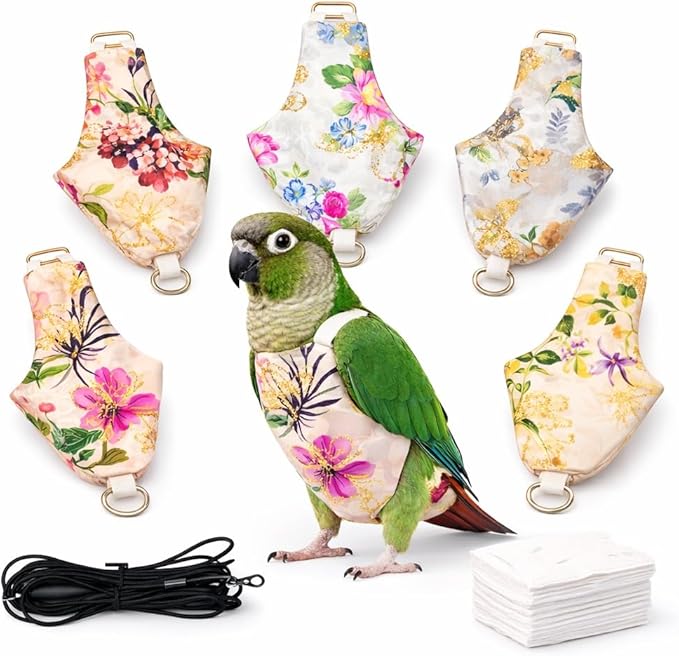 5PCS Bird Diaper Harness Set with Flight Leash and Disposable Liners, Reusable Bird Diapers for Parrots Conures Cockatiels Parakeets, Adjustable Bird Harness for Indoor Companion Birds(M)