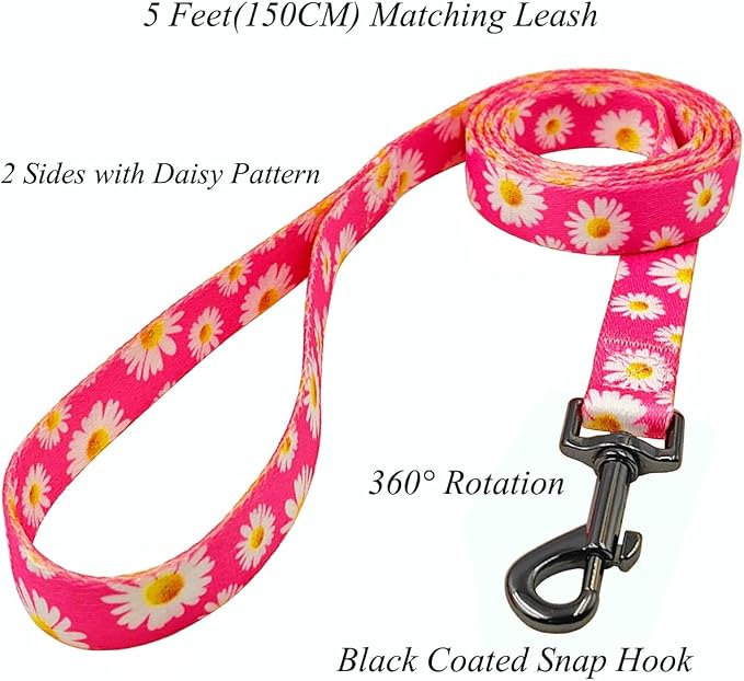 Dog Collar and Leash Set, Cute Pink Daisy Pattern, Polyester Material, 5ft Leash, for Large Dogs.(L, Daisy Set)