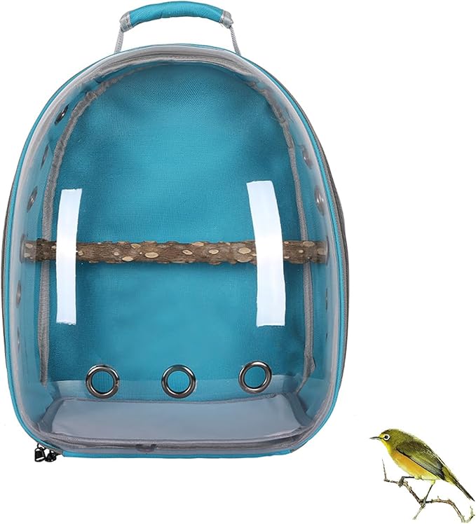 Bird Carrier Backpack with Wood Perch, Transparent Bird Travel Cage, Portable Pet Carrier Backpack, Breathable Hangbag for Vet Transport Camping Hiking (Light Blue)