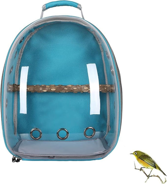 Bird Carrier Backpack with Wood Perch, Transparent Bird Travel Cage, Portable Pet Carrier Backpack, Breathable Hangbag for Vet Transport Camping Hiking (Light Blue)