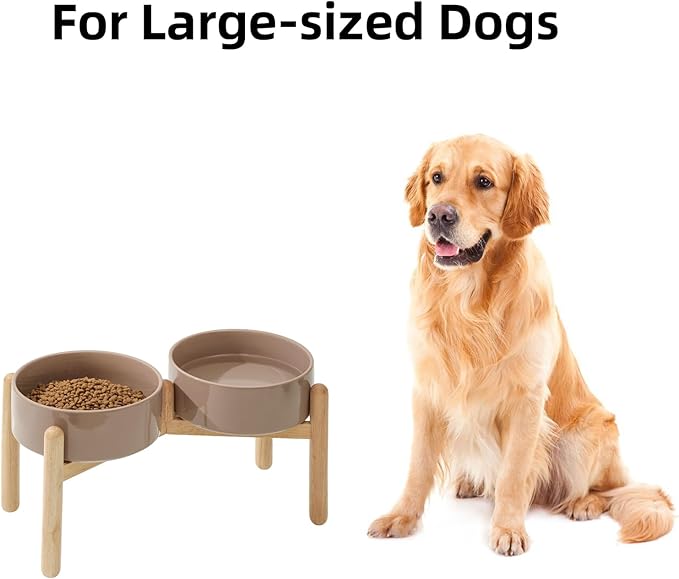 Havniva Ceramic 8.2inch Raised Dog Bowl with Stand for Large- Breed Dogs, Pet Food and Water Feeder (Double Bowl with Stand - Brown Coffee)