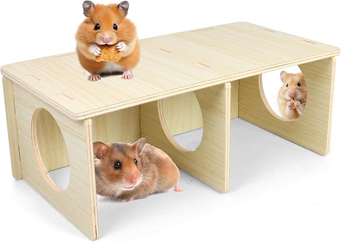 Hamster and Mouse Wooden Tunnel Cage Secret Peep Shed 2-Chamber Wooden Hamsters Chamber for Gerbil Rat Mice Hideout & Tunnel Exploring Toys