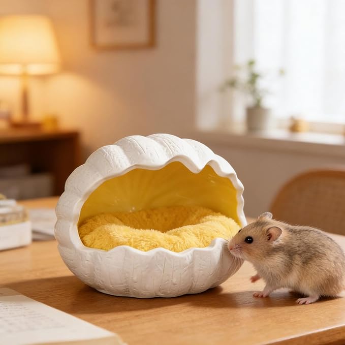 Ceramic Hamster Nest Habitat Hideaway Cooling Pet House Decorative Nest for Gerbil Mice Hedgehog Chinchilla Dwarf, Yellow