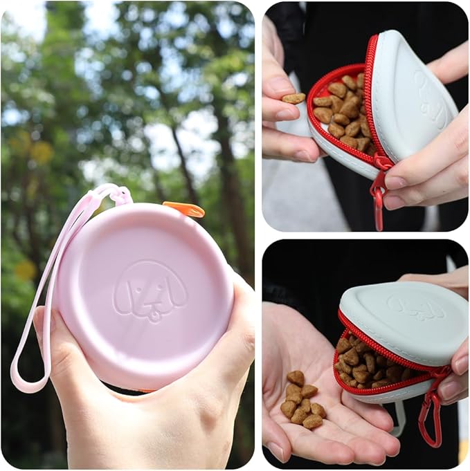 WALLFID Silicone Dog Treat Pouch Small Bag,with Pet Training Clicker,Walking Bag for Dog and Cat, Pocket Size, Easy to Clean, Odorless, Zipper Design,Moisture-Proof,Travel Walking Bag.(Light Grey)