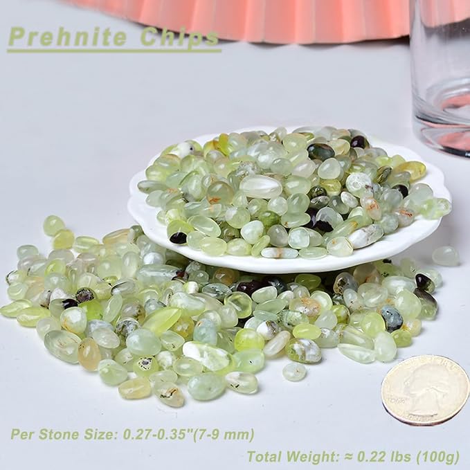 Erliway 100g Natural Prehnite Crystal Chips 7-9mm Tumbled Stones | Small Crushed Crystal Stone, Polished Crystals Chips for Fish Tank, Healing Tumbled Rocks for Reiki Jewelry Making Home Décor