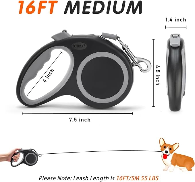 Retractable Dog Leash, 16 ft Dog Leash for Dogs up to 66 lbs, Strong Nylon Tape No Tangle, One-Handed Brake, Pause, Lock, Perfect for Medium Large Dogs; Black (Black, 16 FT (0-66 lbs))