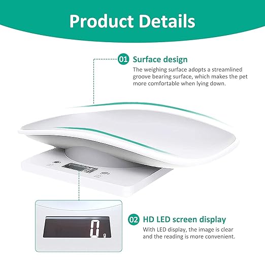 Digital Pet Scale, Small Animal Scale with Tape Measure, Kitchen Food Scale, Weighing Max 33lbs, Size 12"x8", LCE Electronic Weight Scale Only for Newborn Kitten, Puppy, Hamster, Little Bird (White)