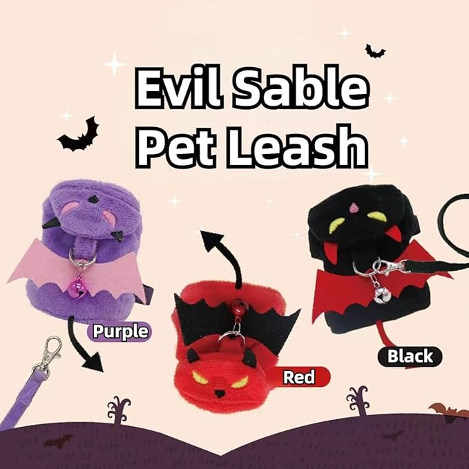 Ferret Harness and Leash, Adjustable Walking Vest for Guinea Pig, Kitten, Puppy, Bunny and Other Small Animals, Soft and Breathable Ferret Lead Leash with Evil Wings and Safe Bell (Black)