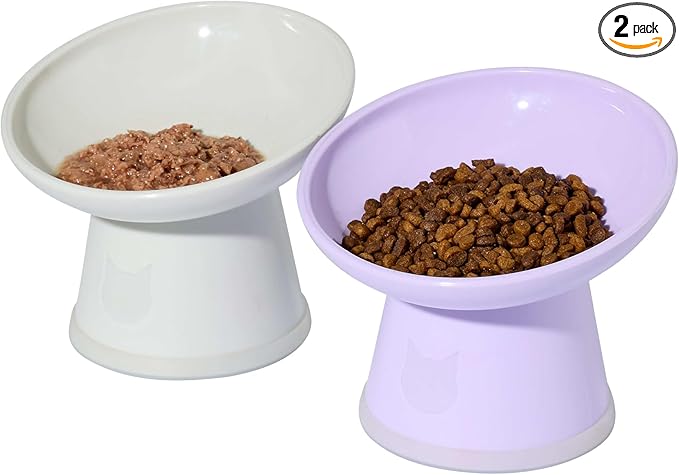 Necoichi 2pcs Tilted Elevated Cat Food Bowls BPA-Free Plastic 15° Tilted Raised Cat Bowl for Whisker & Neck Fatigue, Dishwasher Safe Non-Slip & Anti-Vomiting Ergonomic Design (Lilac Ice)