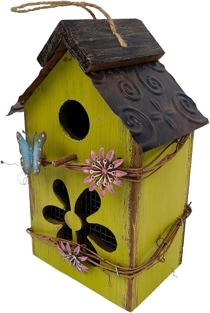 Wood Bird House for Outside, 10" H Hanging Bird House with Waterproof Metal Roof, Vintage Rustic Decorative Birdhouse Wooden Bird Nest Box for Outdoor Garden Yard Decorations (Green)
