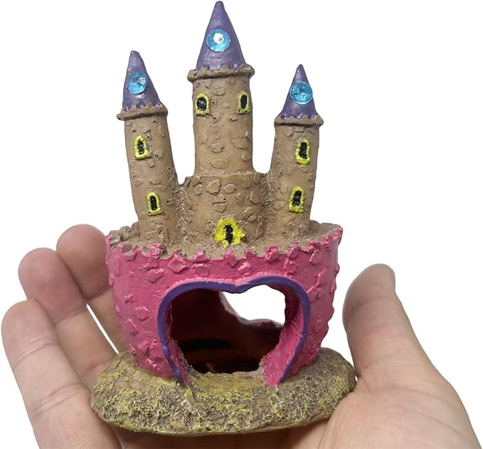 Small Cartoon Aquarium Castle Decor, Mini Cute Pink Castle Hide Cave Hideouts for Small Fishes Shrimp Crab Fish Larvaes Cichlid, Princess Style Castles Statue Birthday Party Table Decor - 11 x 8 cm