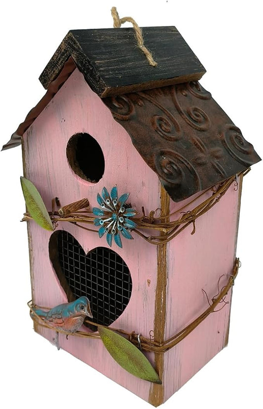 Generic Wood Bird House for Outside, 10"" H Hanging Bird House with Waterproof Metal Roof, Vintage Rustic Decorative Birdhouse Wooden Bird Nest Box for Outdoor Garden Yard Decorations (Pink)