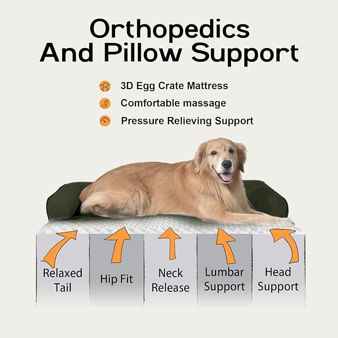 Large Dog Bed Orthopedic Washable - XXL Large Big Dogs - Waterproof with Removable Cover - Memory Foam - Beds Bolster Pet - Dogs Couch Sofa Bed - Outpost Olive Dog Beds
