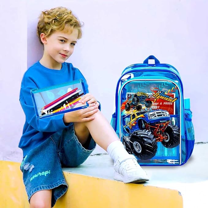 KLFVB 3PCS Clear Backpack for Girls and Boys, Kids See Through Backpacks Stadium Approved, Transparent Bookbag for Elementary