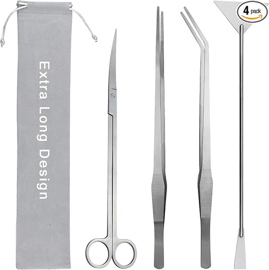 Aquarium Aquascape Tools Kit, Long 15 Inch Stainless Steel Aquatic Plants Tools, 4 in 1 Anti-Rust Aquascaping Tweezers Scissors Spatula Scrapers Tool Set for Fish Tank Cleaning Plant Trimming Shears