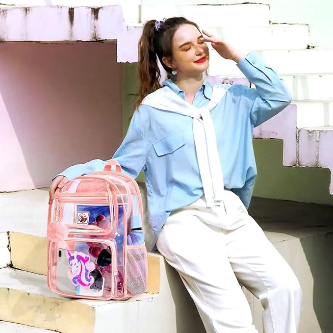 3PCS Clear Backpack for Girls, Kids Unicorn Transparent Backpack with Heavy Duty PVC, See Through Backpacks with Lunch Bag-Pink