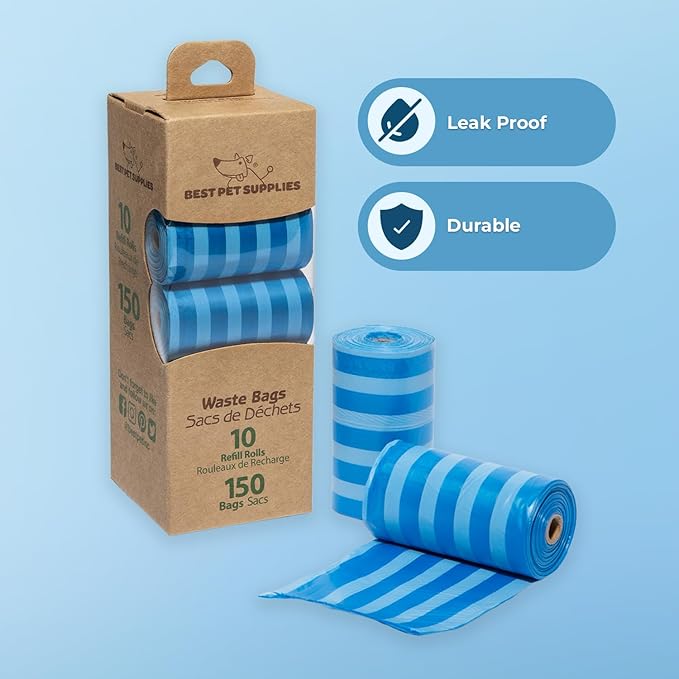 Best Pet Supplies Dog Poop Bags for Waste Refuse Cleanup, Doggy Roll Replacements for Outdoor Puppy Walking and Travel, Leak Proof and Tear Resistant, Thick Plastic - Blue Strips, 150 Bags