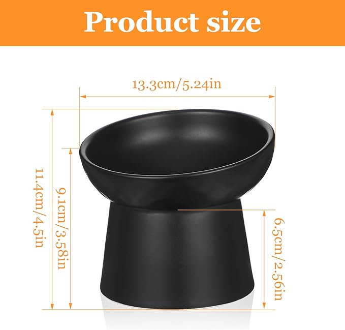 2PCS Anti-Tip Ceramic Pet Slanted Bowls – Elevated Tilted Cat Food & Water Bowls Set, Non-Slip Stress-Free Feeder for Cats & Small Dogs, Dishwasher and Microwave Safe (Black)