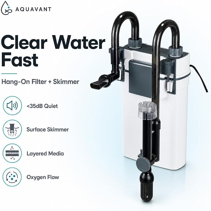 Aquarium Filter for 10-40 Gallon Fish Tank, Quiet Hang On Back Canister Filter with 3-Stage Filtration, Surface Skimmer External Filter for Freshwater Fish & Turtle Tanks