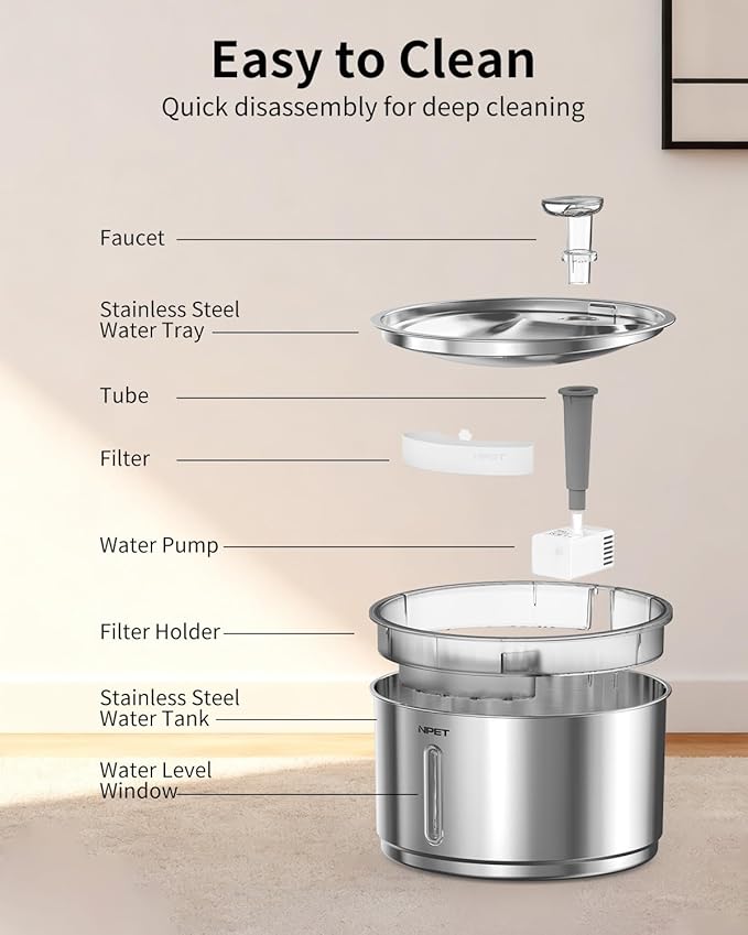 NPET Stainless Steel Cat Water Fountain, 1 Gallon/135oz Automatic Pet Drinking Fountain Dog Water Dispenser Bowl with Water Level Window for Cats Indoor - WF210Plus