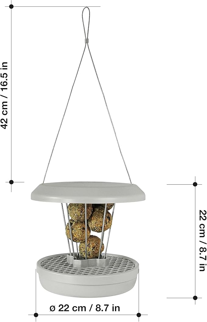 SWISSINNO Bird Feeders - No Mess Fat Ball/Suet Feeder for Outdoors Hanging - Smart Birds Lucerne Spill Proof Wild Cardinal Bird Feeder with Integrated Seed Catcher Tray - Light Grey