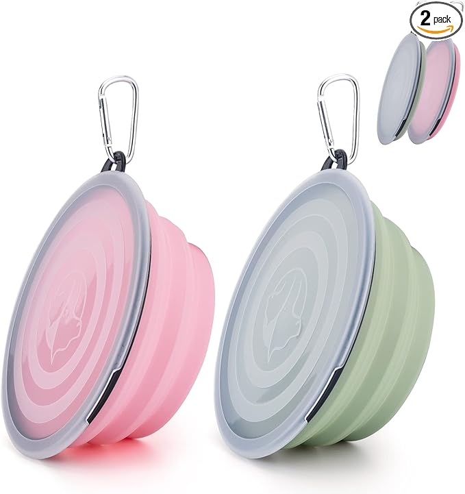 SLSON Dog Bowls Pet Collapsible Bowl with Cover Lids,2 Pack Dog Travel Bowls Portable Foldable Cat Water Dish Bowl for Pets Walking Parking Camping (Fairy Pink and Sprout Green, Large)