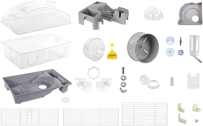 3-Tier Hamster Cage Starter Kit 18″Lx11″Wx23″H for Dwarf Hamsters Only with 2 Platforms, 3 Tube Ports, Bathtub, Food Bowl, Steps, 2 Silent Wheels, 3 Doors, House, Water Bottle