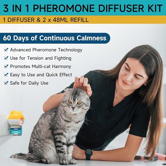 Woyamay Cat Calming Diffuser - Cat Pheromones Calming Diffuser for Cat Anxiety Relief 3-in-1 Cat Pheromone Diffuser Kit with 1 Diffuser + 2 Refill 48ml Vial - 60 Days Pheromone Diffuser to Calm Cats
