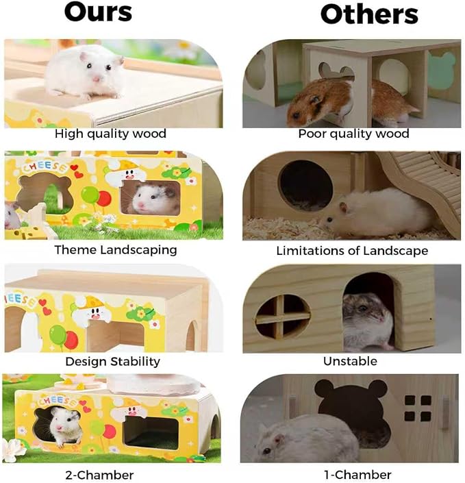 mini&moe Hamster Houses and Hideouts – Wooden Multi-Room Hamster Hideout Small Animal Habitat Decor Shelter with Platform for Dwarf Gerbils Chinchilla Rat Mouse
