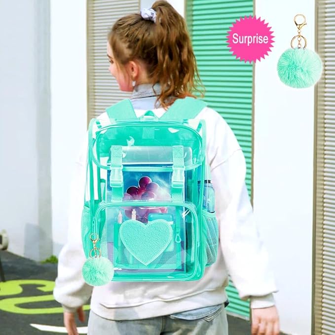 17" Sequin Clear Backpack for Girls - Sparkle Flip Design Stadium Approved 3Pcs Set, Transparent Bookbag for Concert/School (Green)