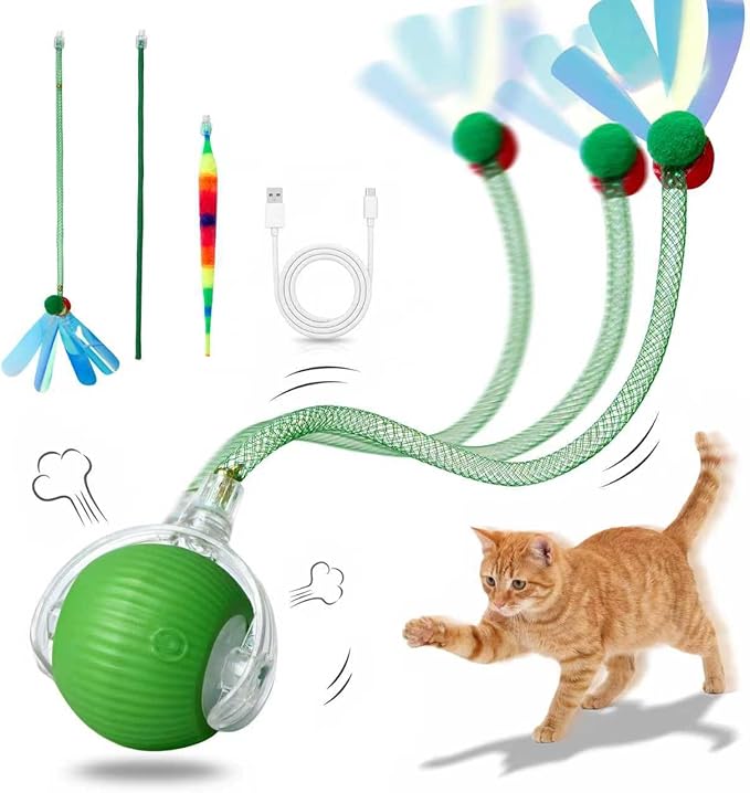 Rechargeable Smart Rolling Cat Ball, Automatic Interactive Cat Toy with 3 Modes, LED Light & 3 Replaceable Accessories, Indoor Cat Exercise Toy for Kittens & Adult Cats, for Boredom Relief Green