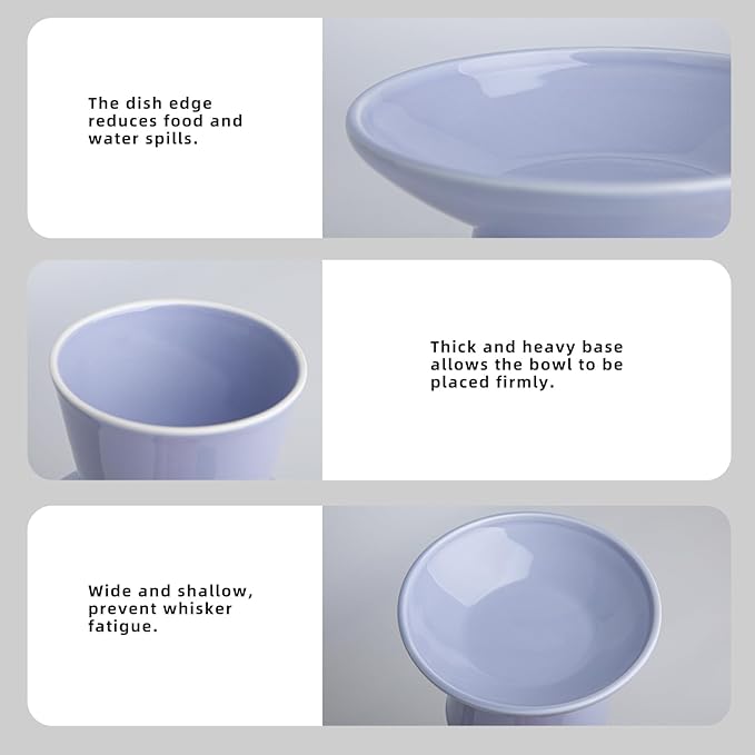 6.2 Inch Extra Wide Elevated Ceramic Cat Bowls, Food and Water Bowl Set for Elder Big Cats Small Dogs, Raised Design for Pet Easy Eating, Protect Cat's Spine Set of 1(Light Purple)