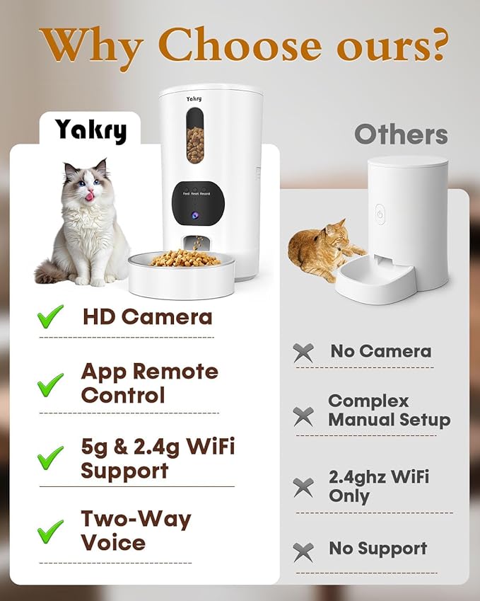 Yakry Automatic Cat Feeder with Camera - 5G WiFi Easy Setup App Control Cat Dry Food Dispenser with Stainless Steel Bowl, 4L/17 Cups, HD 1080P Video with Night Vision for Small Pets Indoor