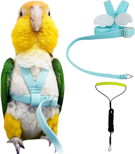 Adjustable Bird Harness with Elastic Leash, Pet Parrot Harness and Leash, Adjustable Training Design Anti-Bite, Bird Nylon Rope with Cute Wing for Conure (Lake Blue,XL)