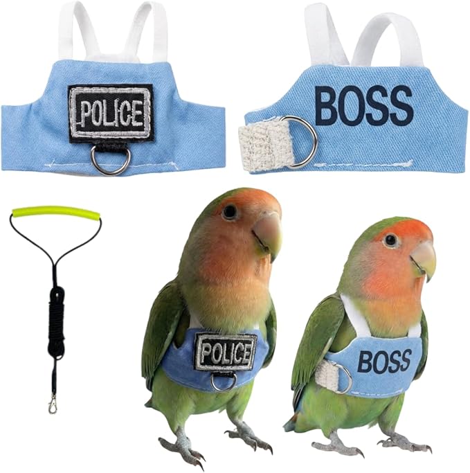 2 Pack Bird Flight Suit Vest, Adjustable Parrot Harness Clothes with Cute Design, Anti-Bite Outdoor Training Outfit for Parakeet, Cockatiel, Conure, Quaker, Budgie (S,with Leash)