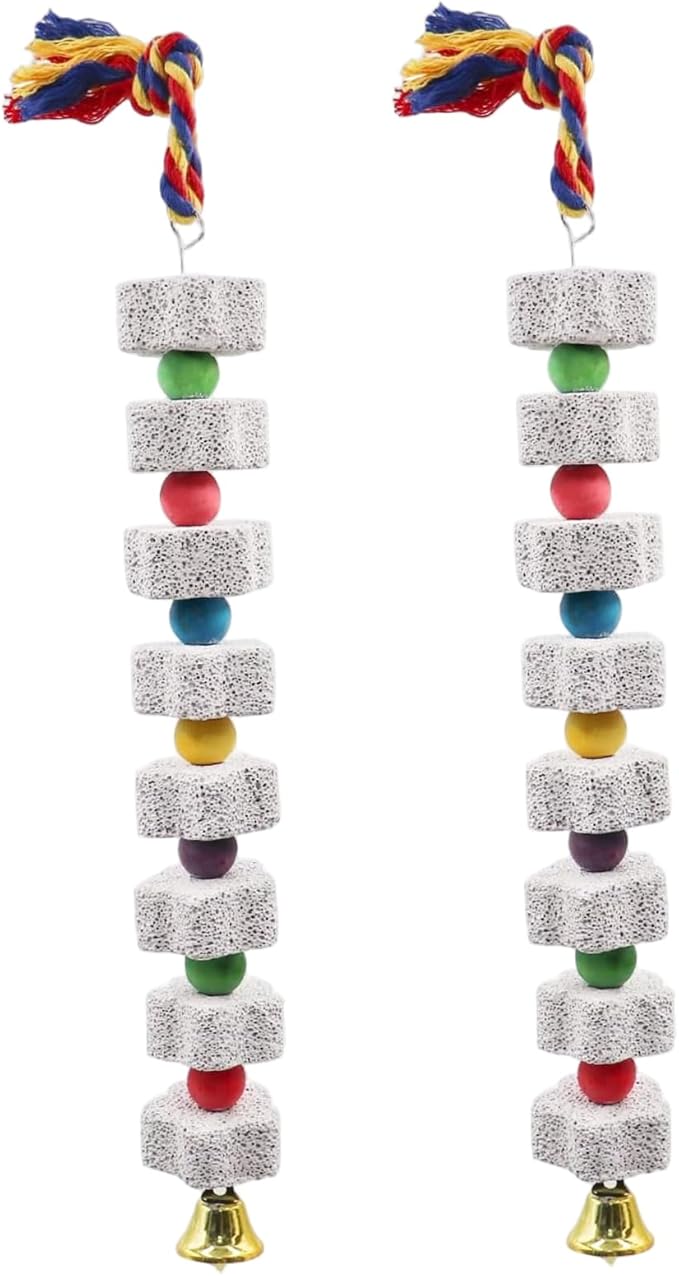 2PCS Bird Beak Grinding Stone, 13.8" Mineral Block for Birds with Bell, Hanging Parrot Chewing Toys for Cage Budgies Cockatiel Hamster Chinchilla