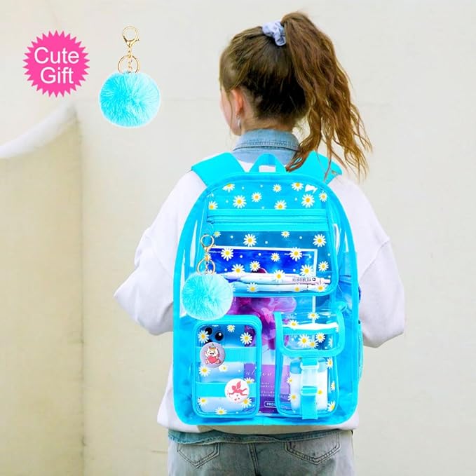 CCJPX 3Pcs Clear Backpack for Girls, School Transparent Bookbag, Heavy Duty See Through Backpacks for Teens Elementary