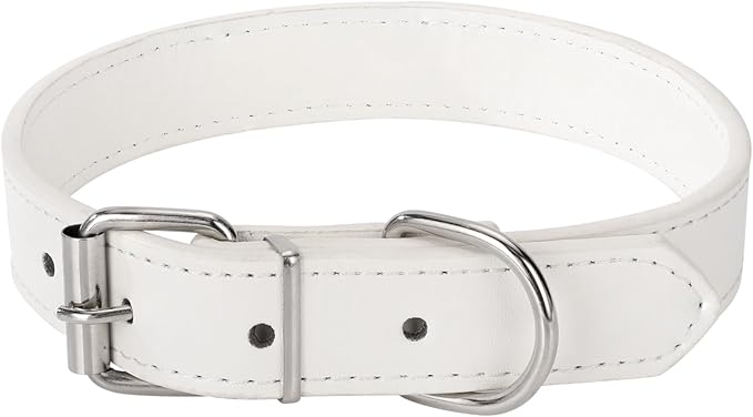 White Soft Leather Dog Collar for Small,Medium, Large Dog, Comfortable and Adjustable (Wide: 0.95'' for Dog's Neck: 13''~18'', White, L)