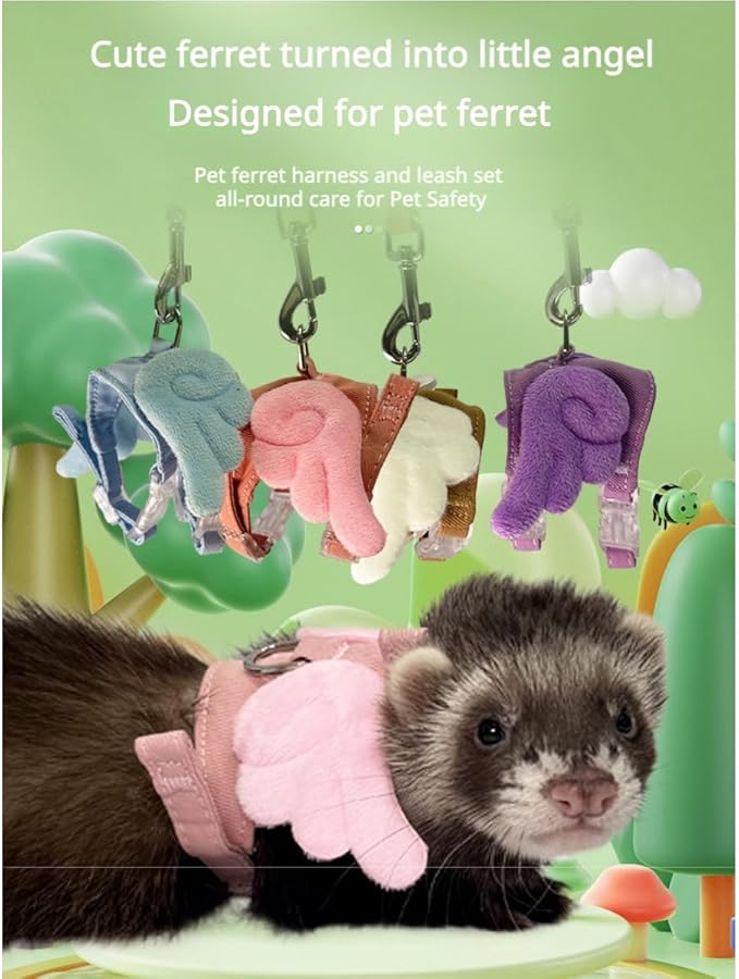 Ferret Harness and Leash with Adjustable Buckle for Small Pets, Soft Breathable Walking Vest with Angel Wings for Guinea Pig, Bunny, Rabbit, Kitten, Chinchilla (Pink)