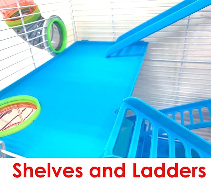 2 Levels Habitat Hamster Home Rodent Gerbil Mouse Mice Rat Wire Cage with Complete Set of Accessories (18" L x 12" W x 15" H, Blue)