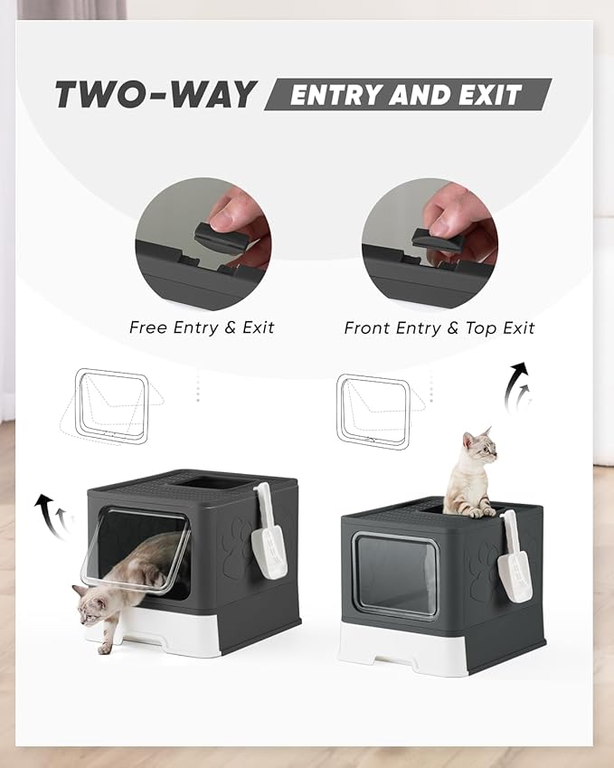 Covered Litter Box, Large Litter Box for Big Cats, Enclosed Cat Litter Boxes with Lid, Top Entry Kitty Litter Box with Scoop, Odor Control, Easy to Clean (Black)