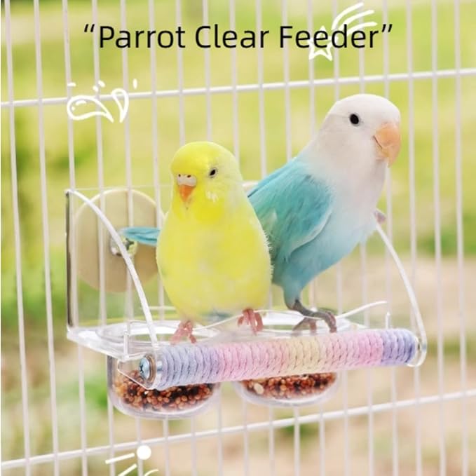 Seed Catcher Bird Feeder No Mess - Dual Bowl Cage Mount with Clear Acrylic, Colorful Hemp Rope Wrapping Wood Perch & Removable Acrylic Cups - for Budgies, Finches, Canaries, Parrotlets, Conures