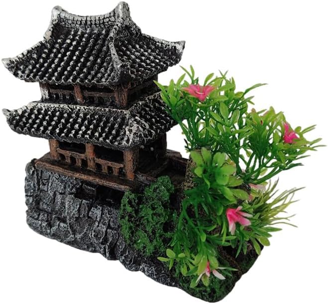 Aquarium Decoration Chinese Ancient Tower, Resin Small Fish Tank Hideout Hut Accessories, Artificial Landscape Decor Hideaway House with Tree Moss, Hollow Hideout Castle Ornament (Building)